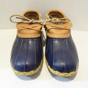 L.L.Bean Bean Duck Boot Low Rubber Mocs Navy Blue Tan Leather~Women 9N Rain